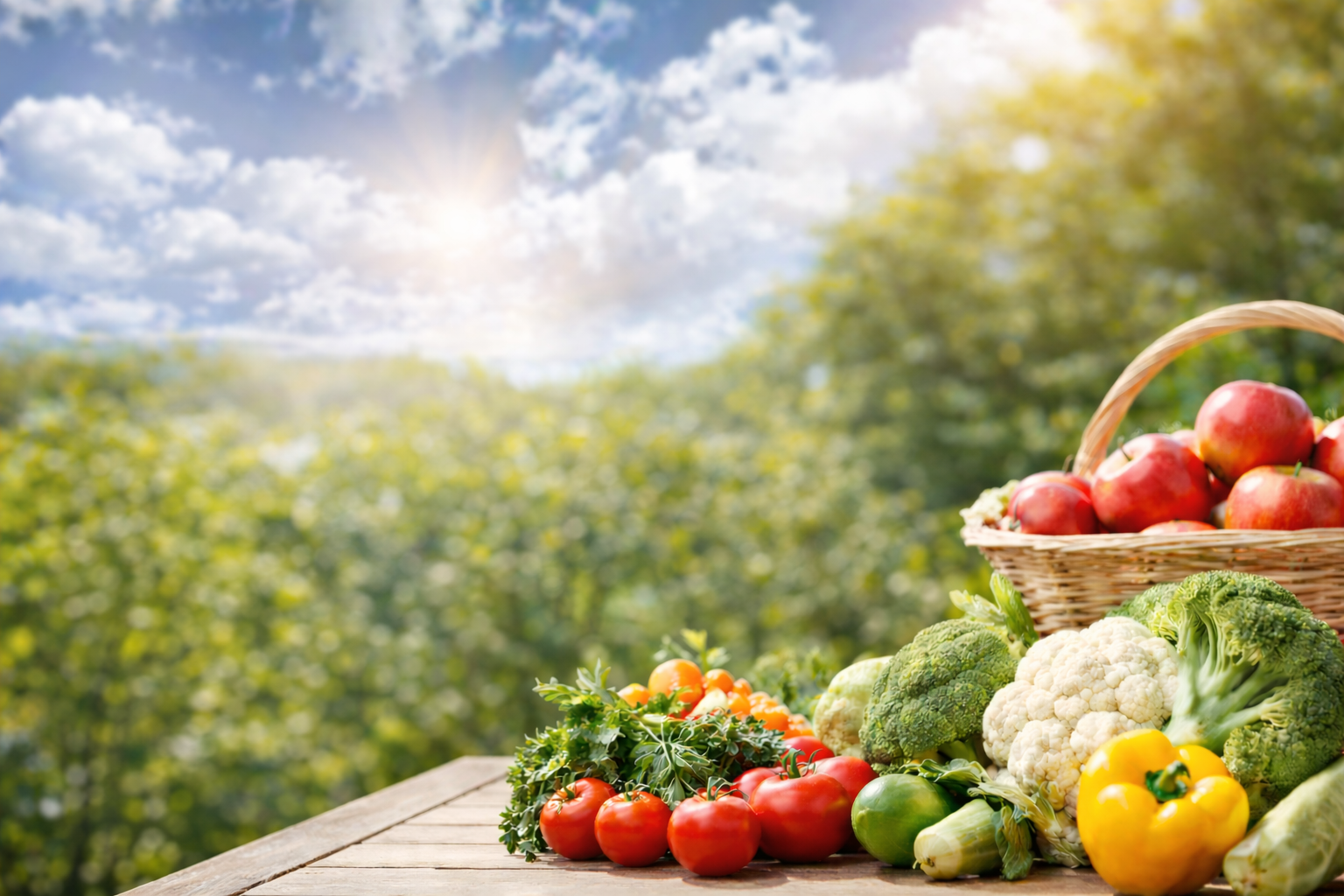 Fresh produce on a sunlit table