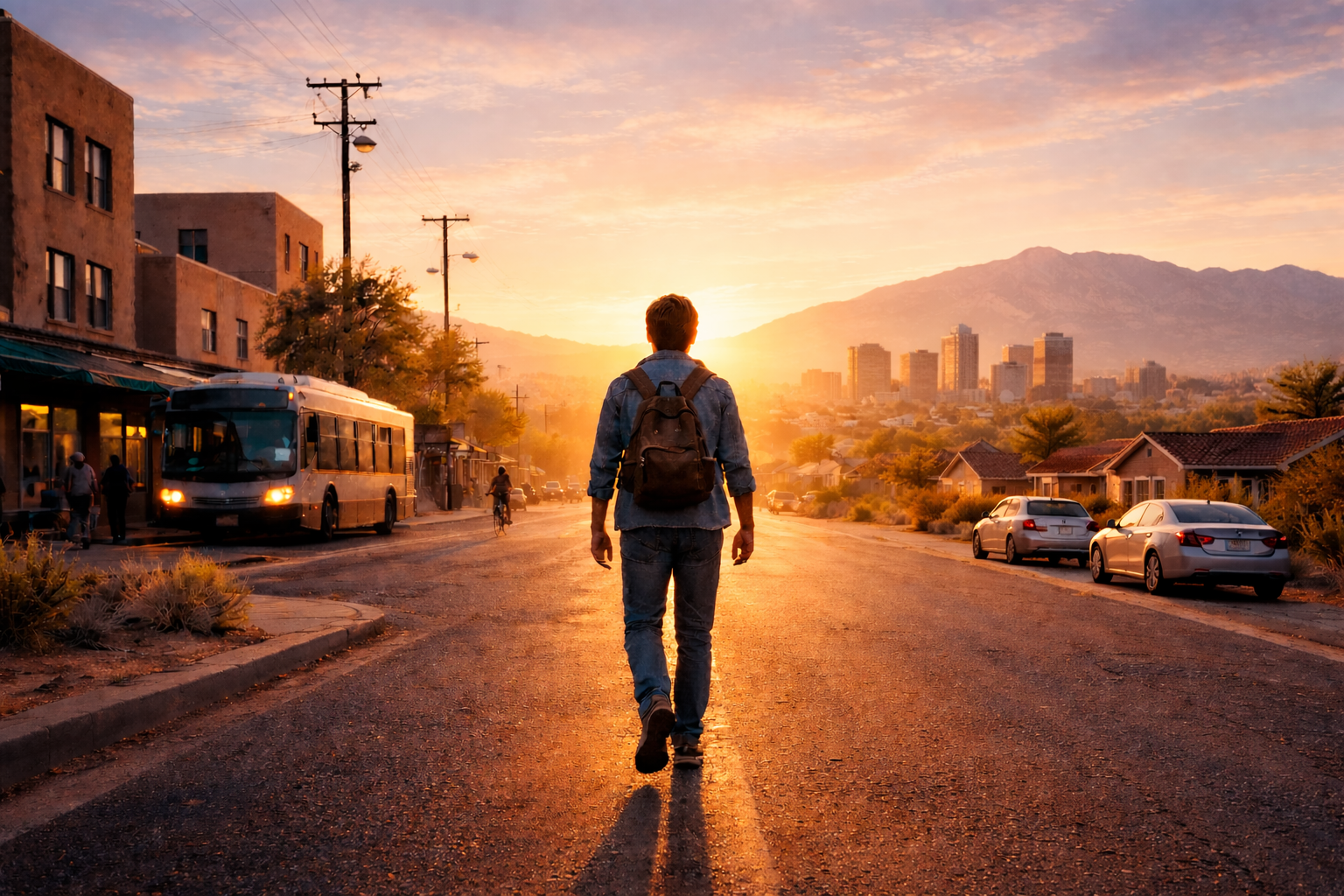 A New Mexico man walking toward the sunrise